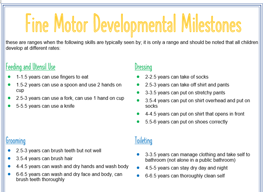 Fine Motor Developmental Milestones - Polka Dot Kids LLC- Pediatric Therapy